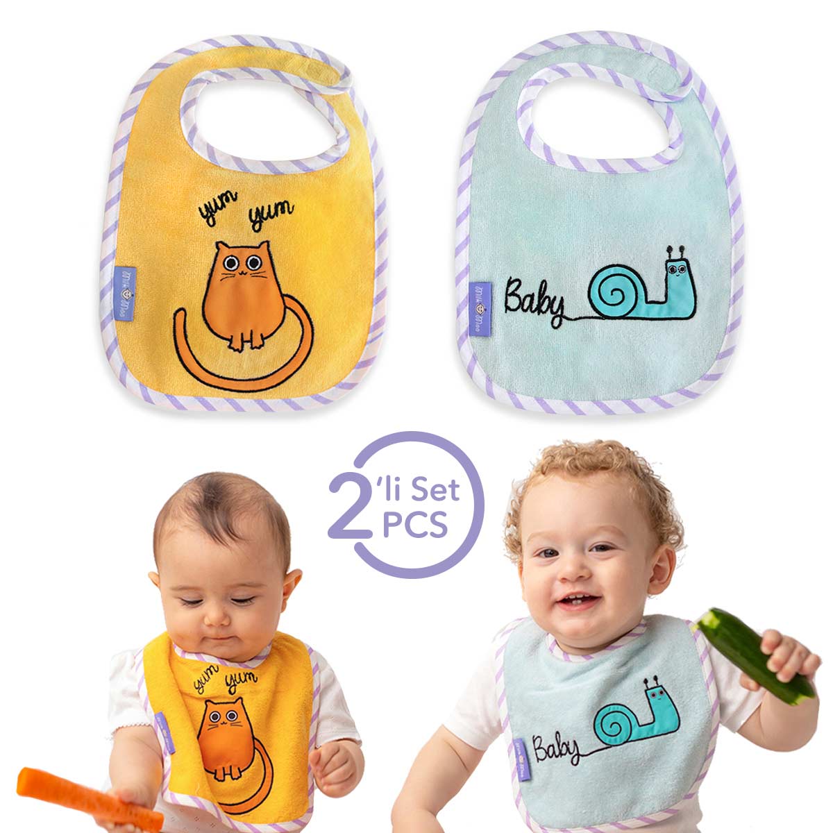 Milk&Moo Tombish Cat und Sangaloz Baby Lätzchen Set, zwei farbenfrohe und weiche Lätzchen aus türkischer Baumwolle für Babys, mit verstellbarem Klettverschluss.