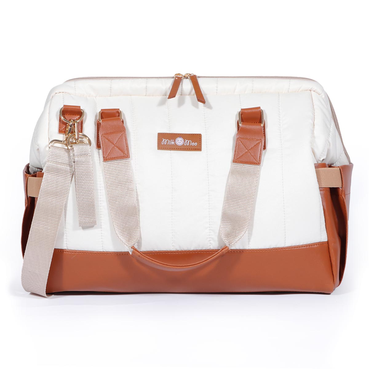 Milk&Moo Wickeltasche in Beige, aus hochwertigem Polyester und veganem Leder, ideal für Eltern mit Baby.