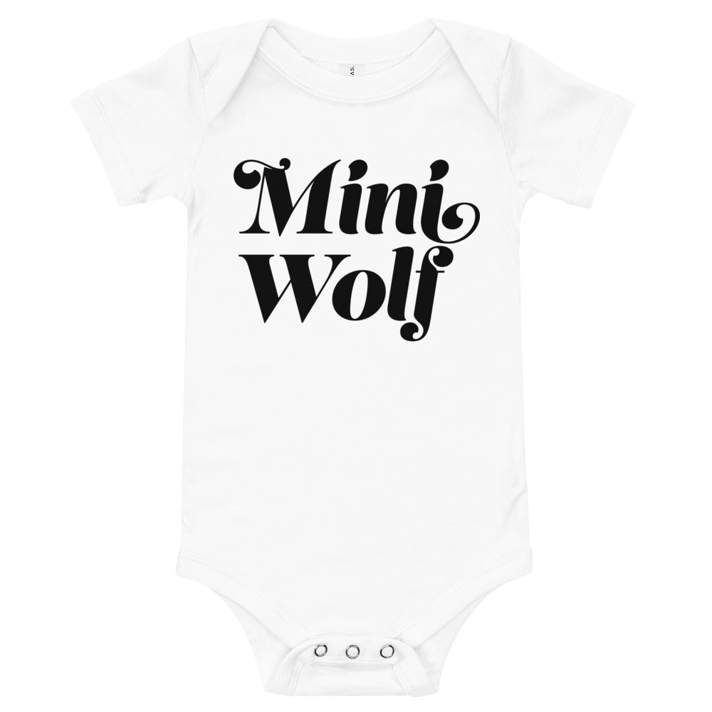 A cute Mini Wolf Onesie for babies featuring a charming wolf print, made from soft cotton with a comfortable design.