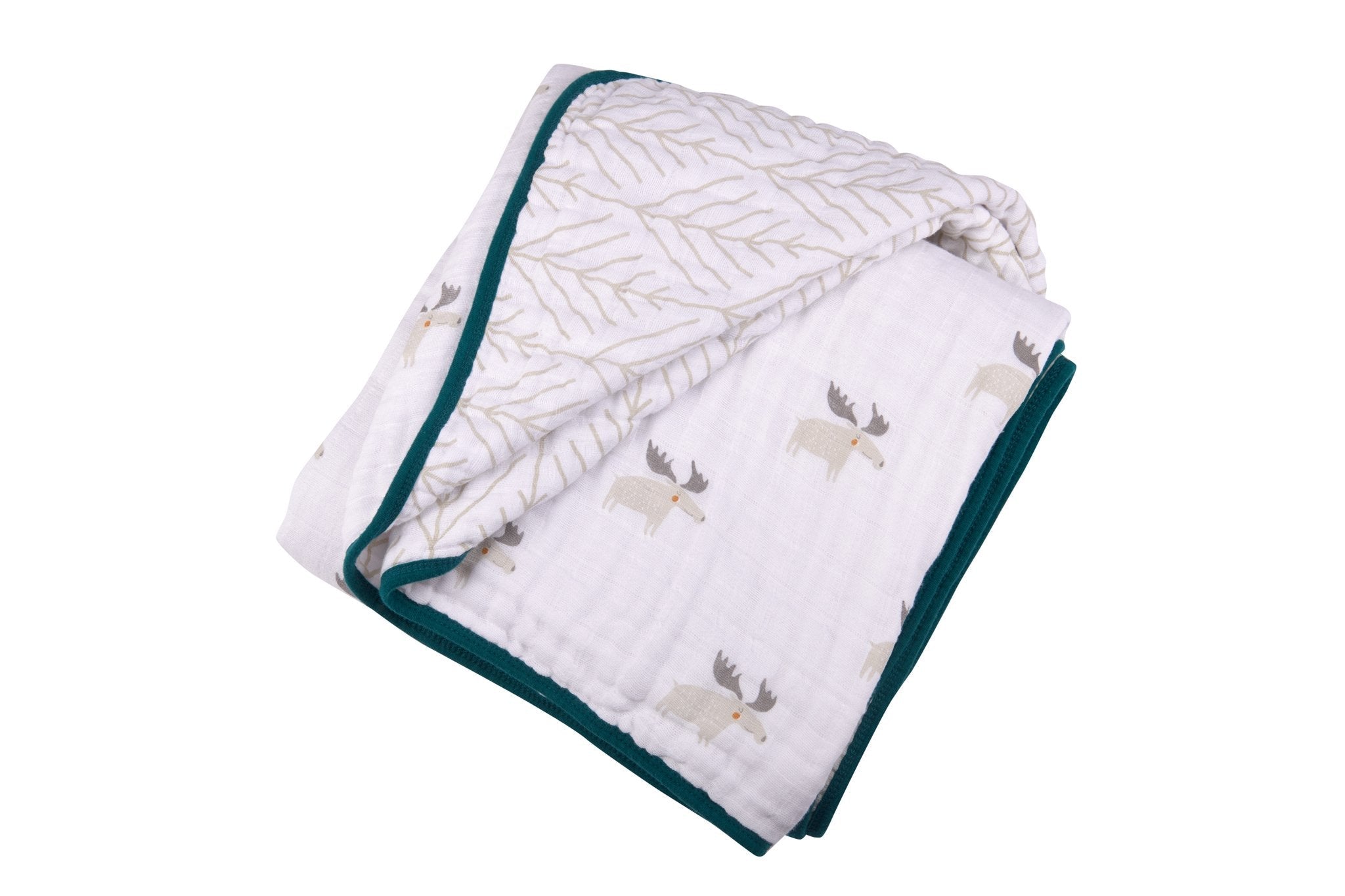 Mister Moose and Forest Arrow Cotton Muslin Newcastle Blanket featuring a cute moose design, perfect for kids.