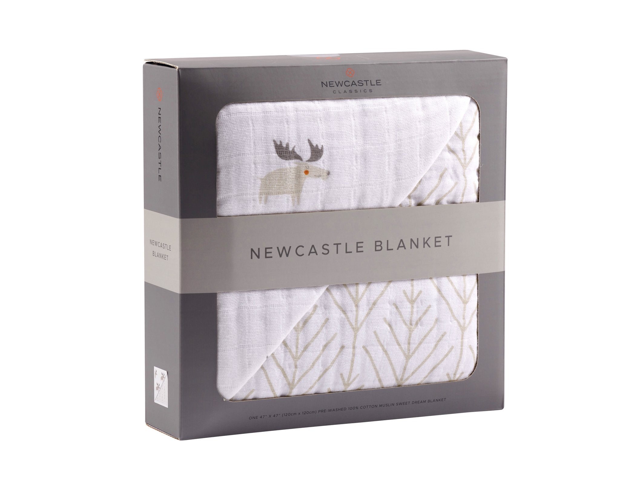 Mister Moose and Forest Arrow Cotton Muslin Newcastle Blanket featuring a cute moose design, perfect for kids.