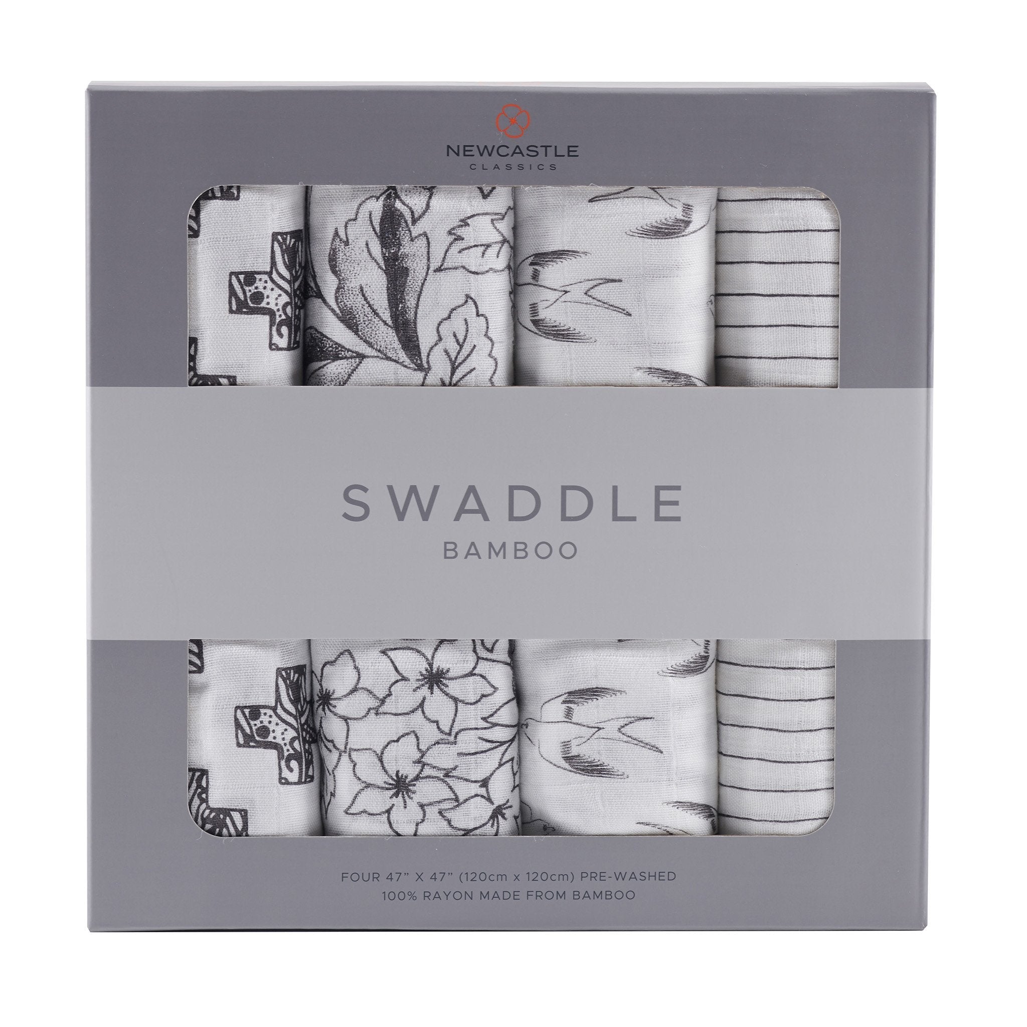 A pack of four monochrome bamboo muslin swaddles, showcasing their soft texture and generous size, perfect for versatile baby care.