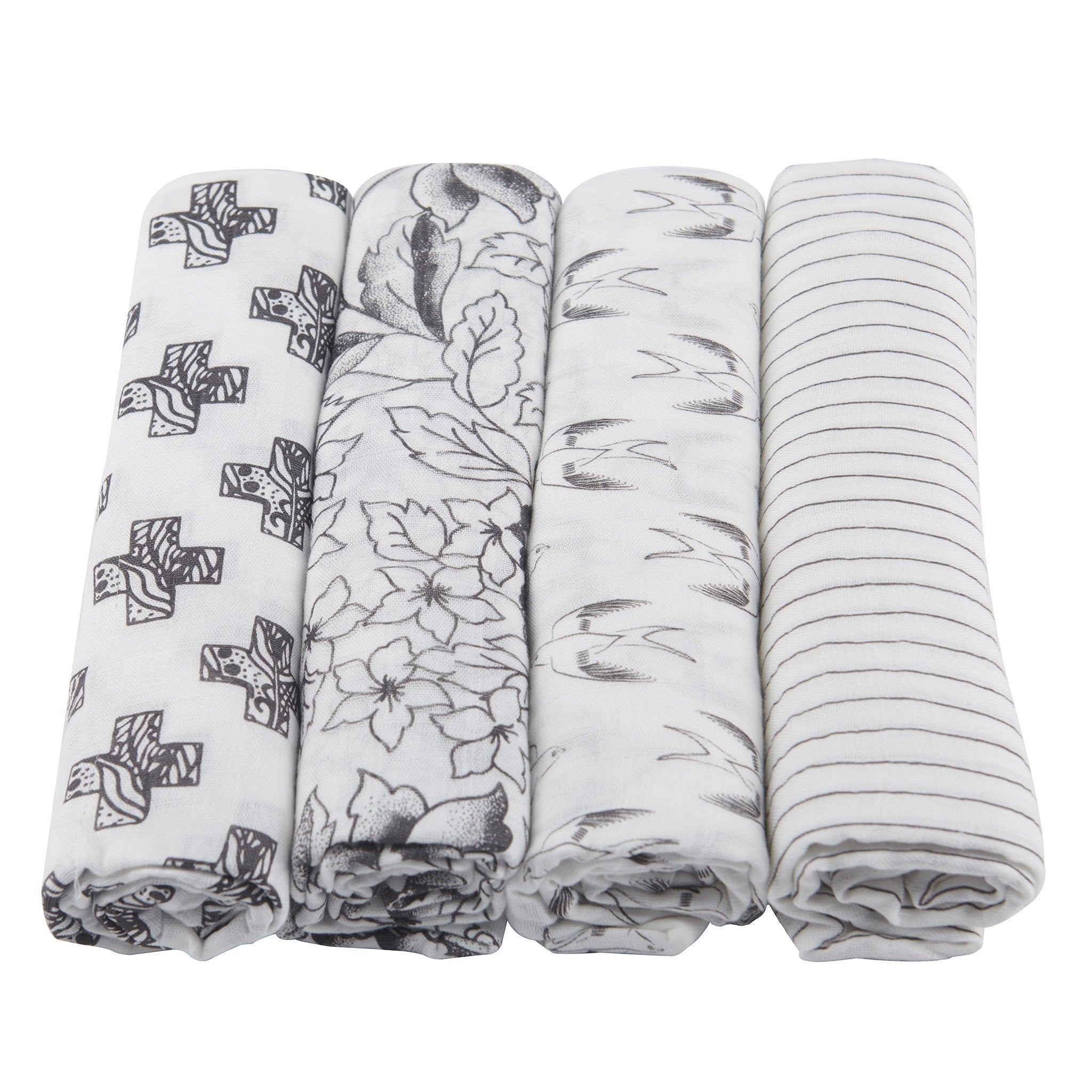 A pack of four monochrome bamboo muslin swaddles, showcasing their soft texture and generous size, perfect for versatile baby care.