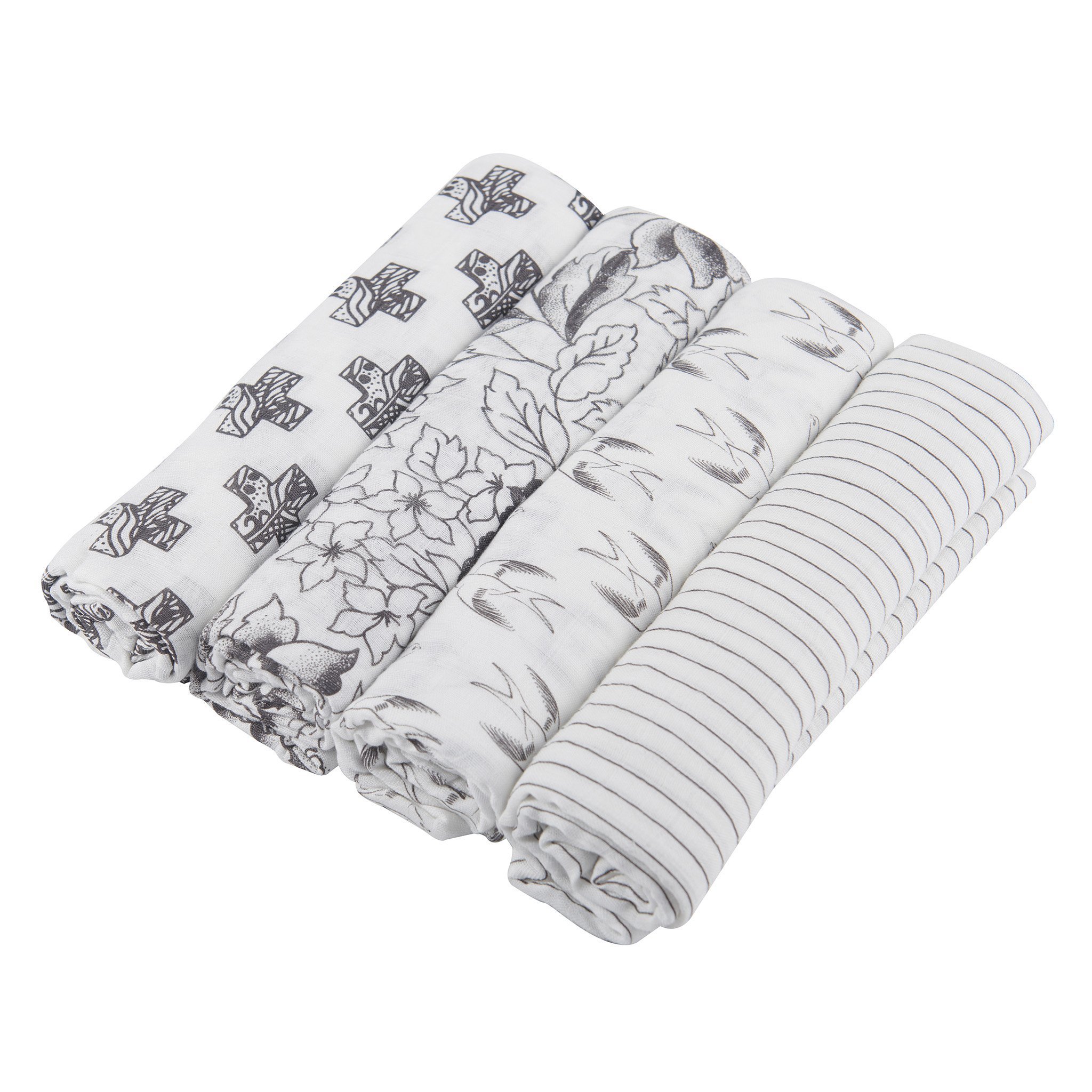 A pack of four monochrome bamboo muslin swaddles, showcasing their soft texture and generous size, perfect for versatile baby care.