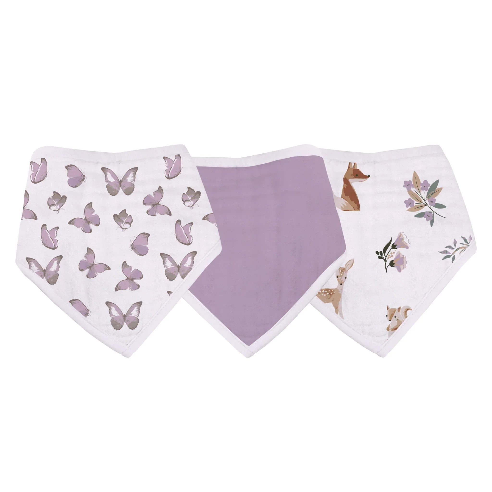 Mountain Meadow Cotton Bandana Bibs in soft cotton muslin, featuring a stylish design and two snap closures for a perfect fit.