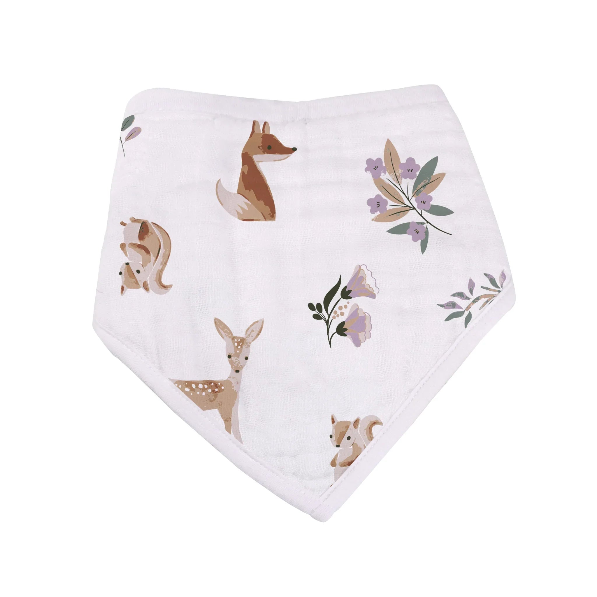 Mountain Meadow Cotton Bandana Bibs in soft cotton muslin, featuring a stylish design and two snap closures for a perfect fit.