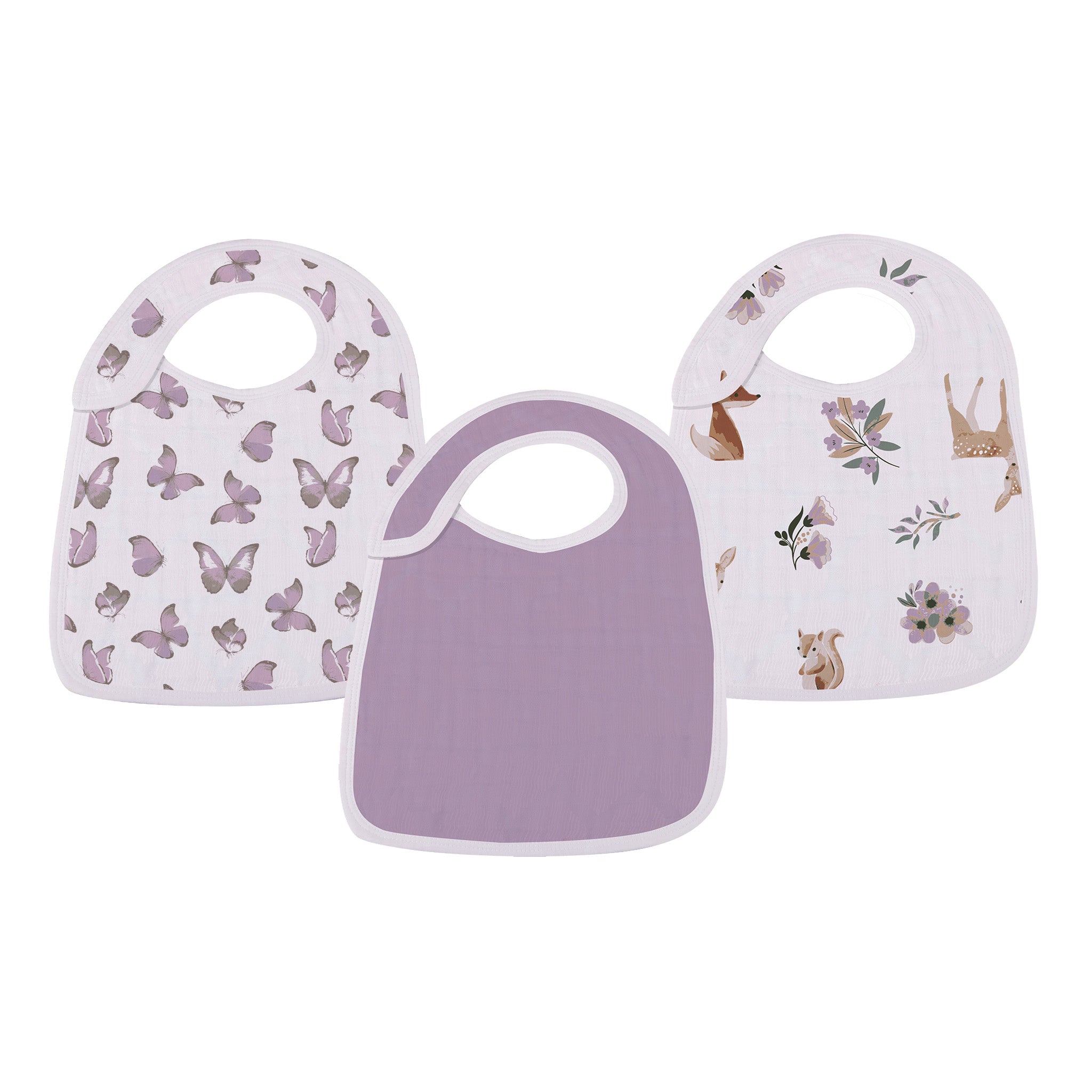 Mountain Meadow Snap Bibs Set featuring soft cotton muslin with multiple snaps for adjustable fit, ideal for feeding and teething.