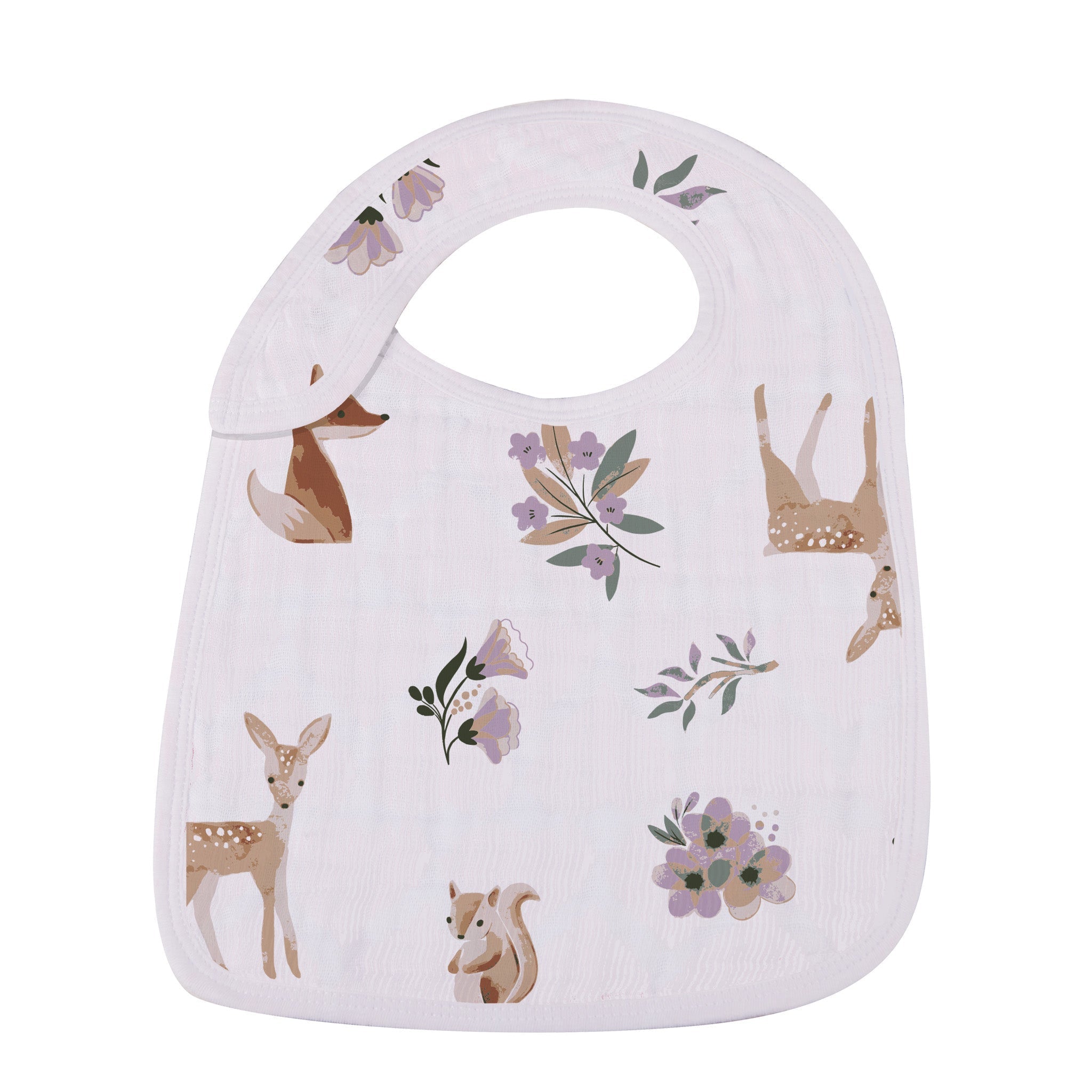 Mountain Meadow Snap Bibs Set featuring soft cotton muslin with multiple snaps for adjustable fit, ideal for feeding and teething.