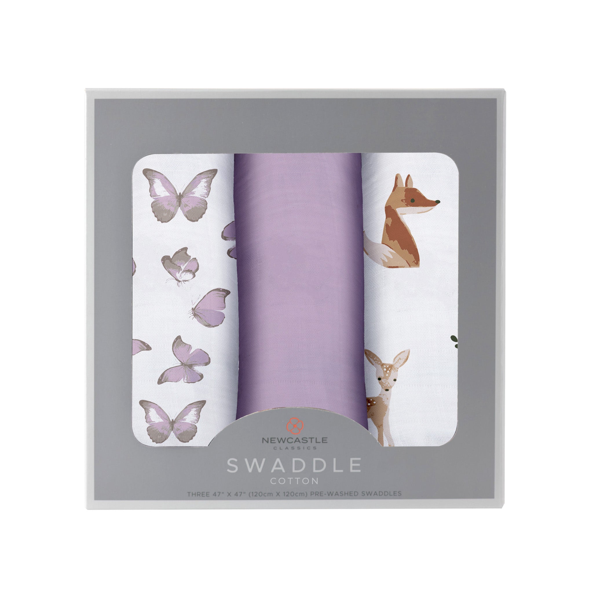 Mountain Meadow Swaddle 3 Pack featuring Sierra Fox and Butterfly designs, made from soft, breathable 100% natural cotton muslin.