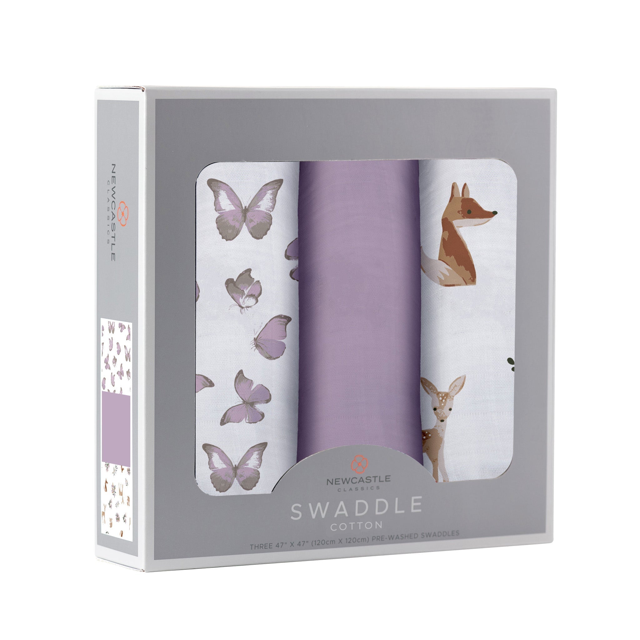 Mountain Meadow Swaddle 3 Pack featuring Sierra Fox and Butterfly designs, made from soft, breathable 100% natural cotton muslin.