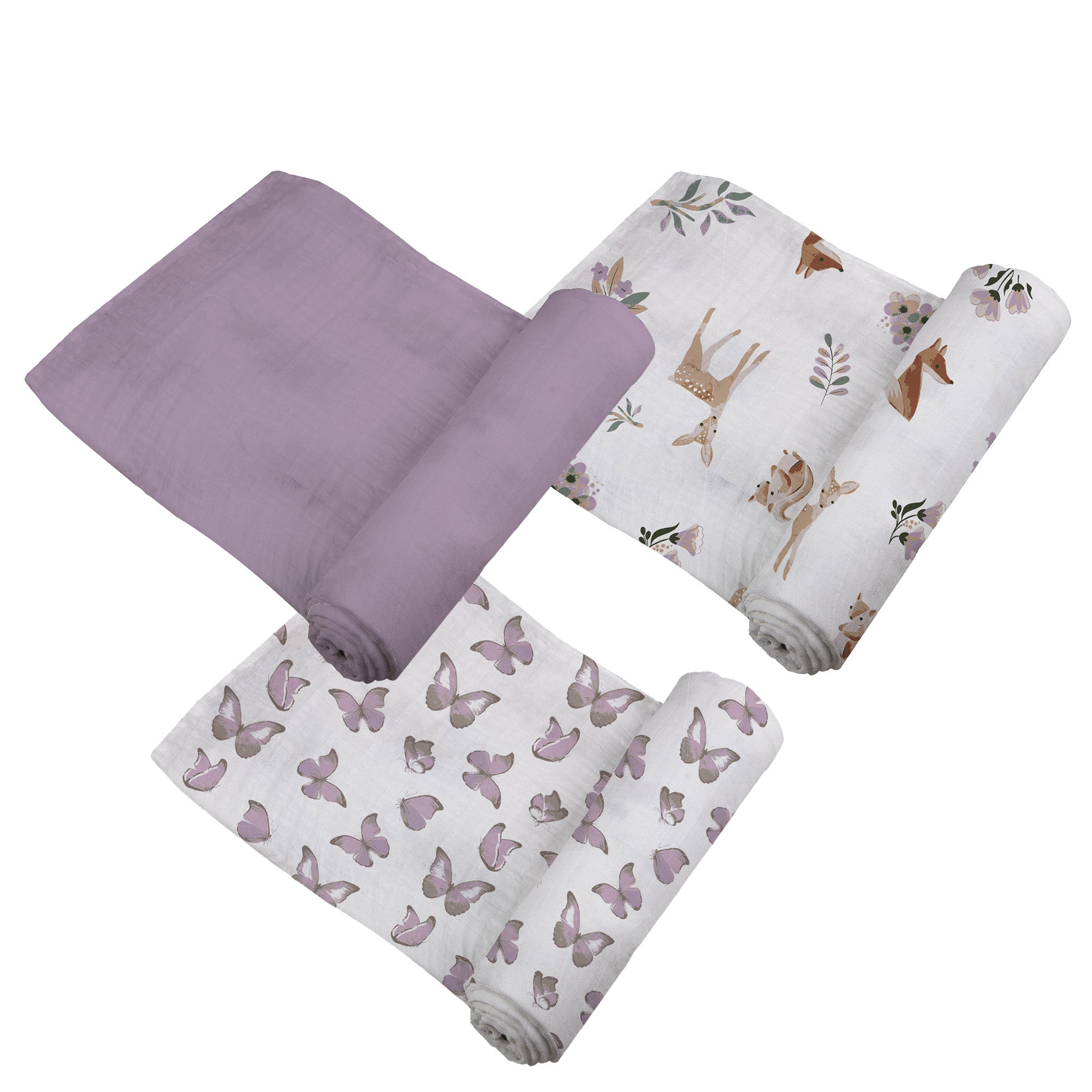 Mountain Meadow Swaddle 3 Pack featuring Sierra Fox and Butterfly designs, made from soft, breathable 100% natural cotton muslin.