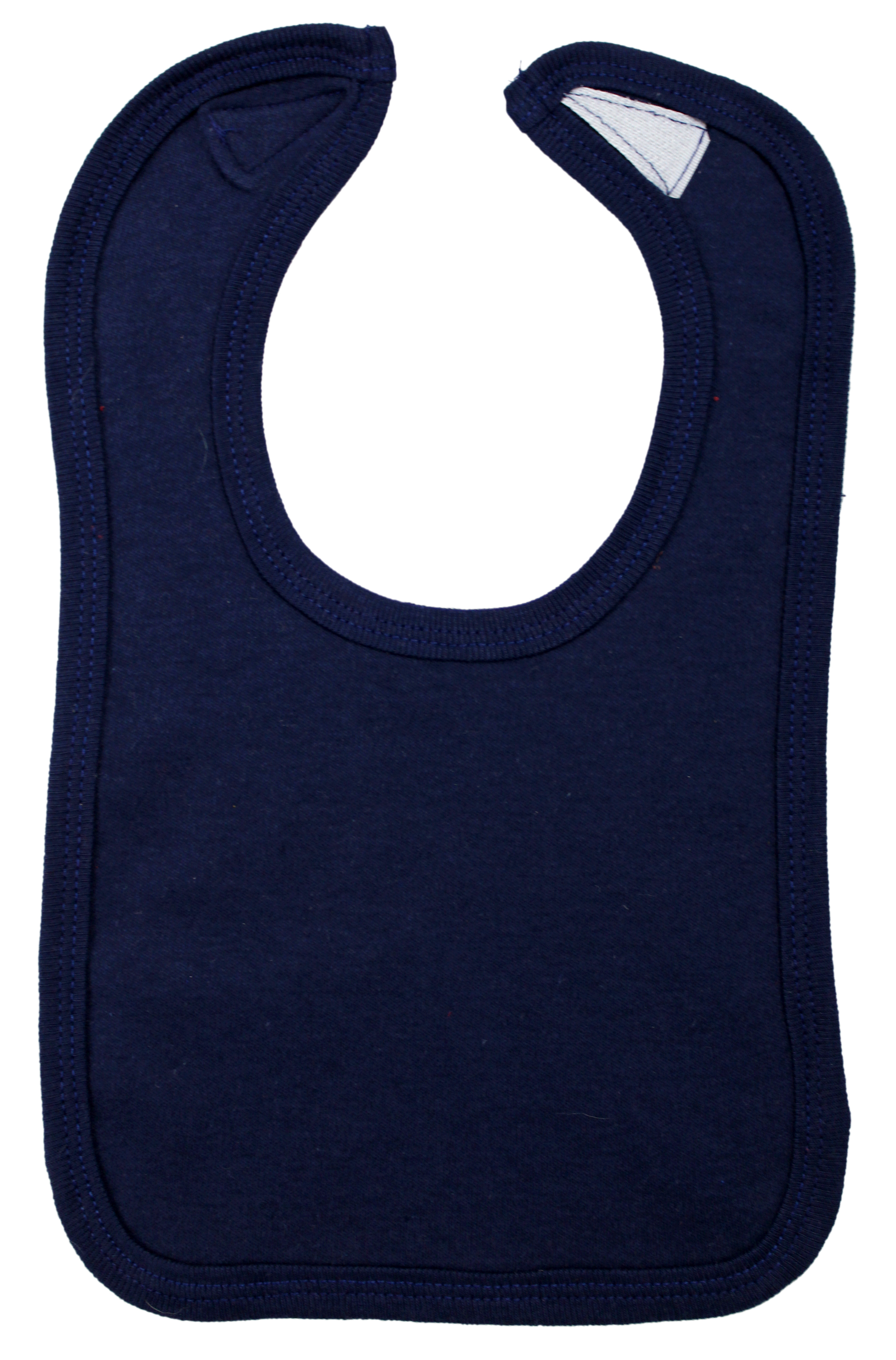 Navy Blue Interlock Bib for infants, featuring a soft fabric and hook and loop closure, perfect for drooling and spills.