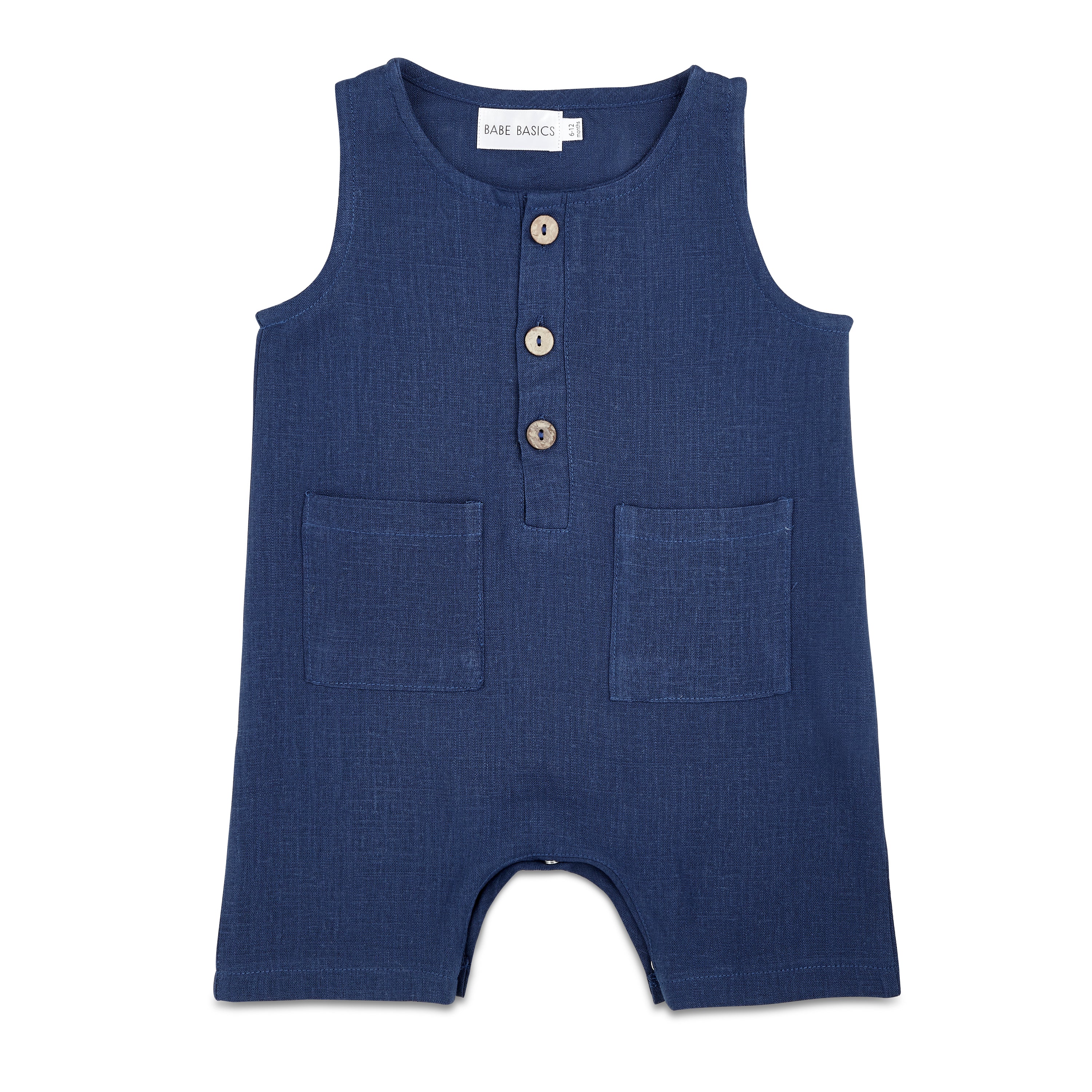 A stylish navy crop linen romper for babies, featuring diaper snaps and a comfortable fit, perfect for various occasions.