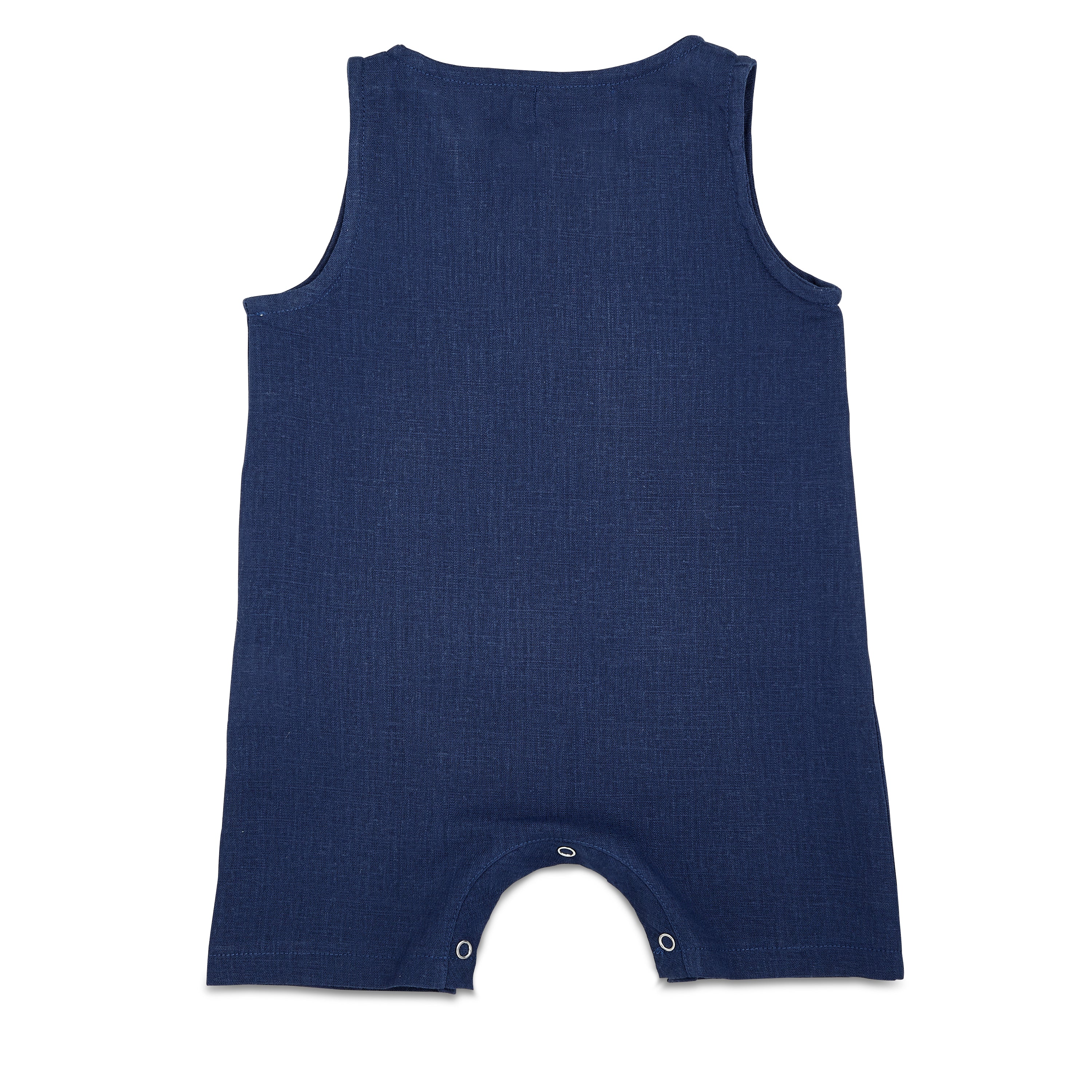 A stylish navy crop linen romper for babies, featuring diaper snaps and a comfortable fit, perfect for various occasions.