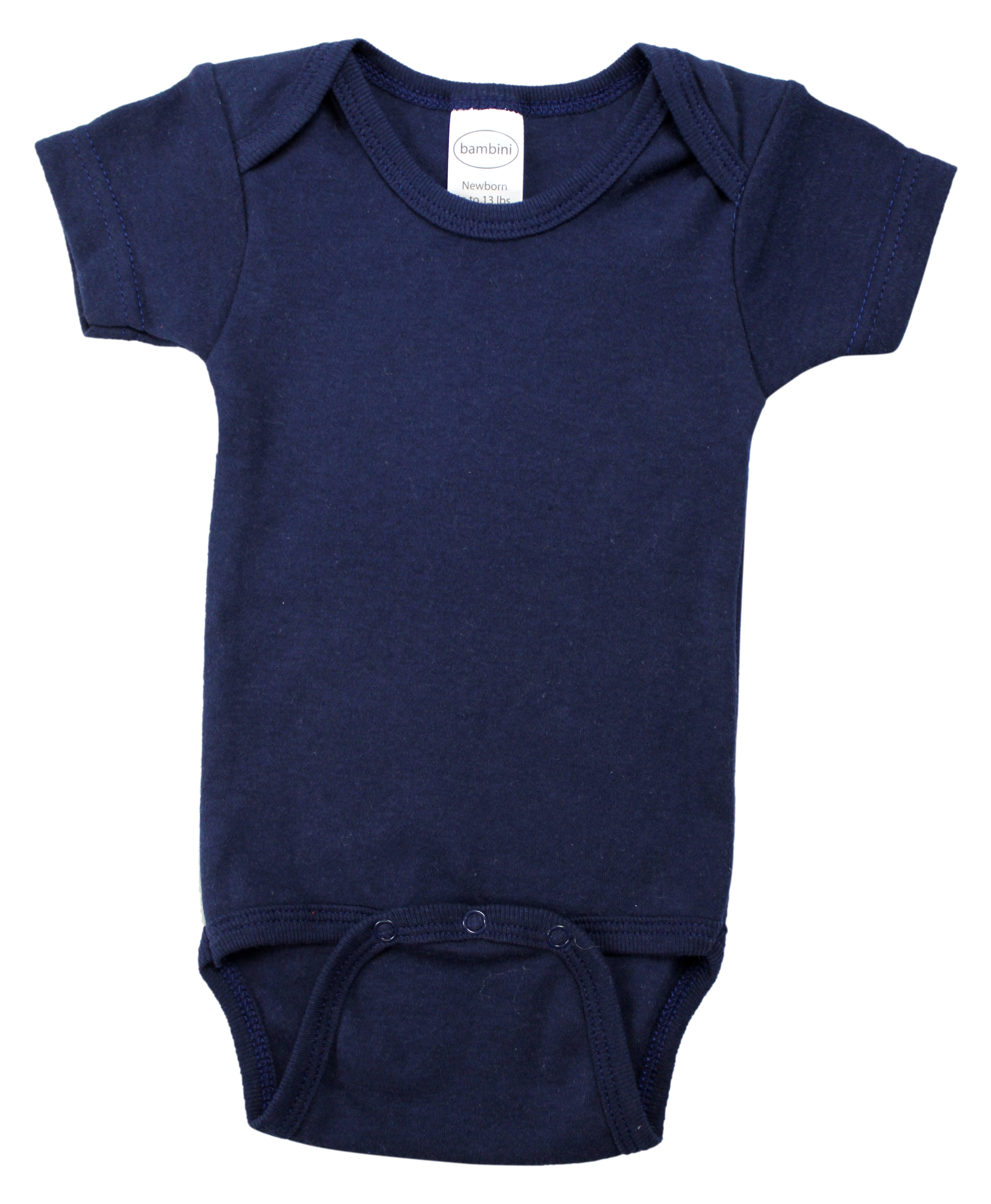 Navy interlock short sleeve bodysuit for infants, made from 100% cotton, featuring a loose bulk design and available in various sizes.