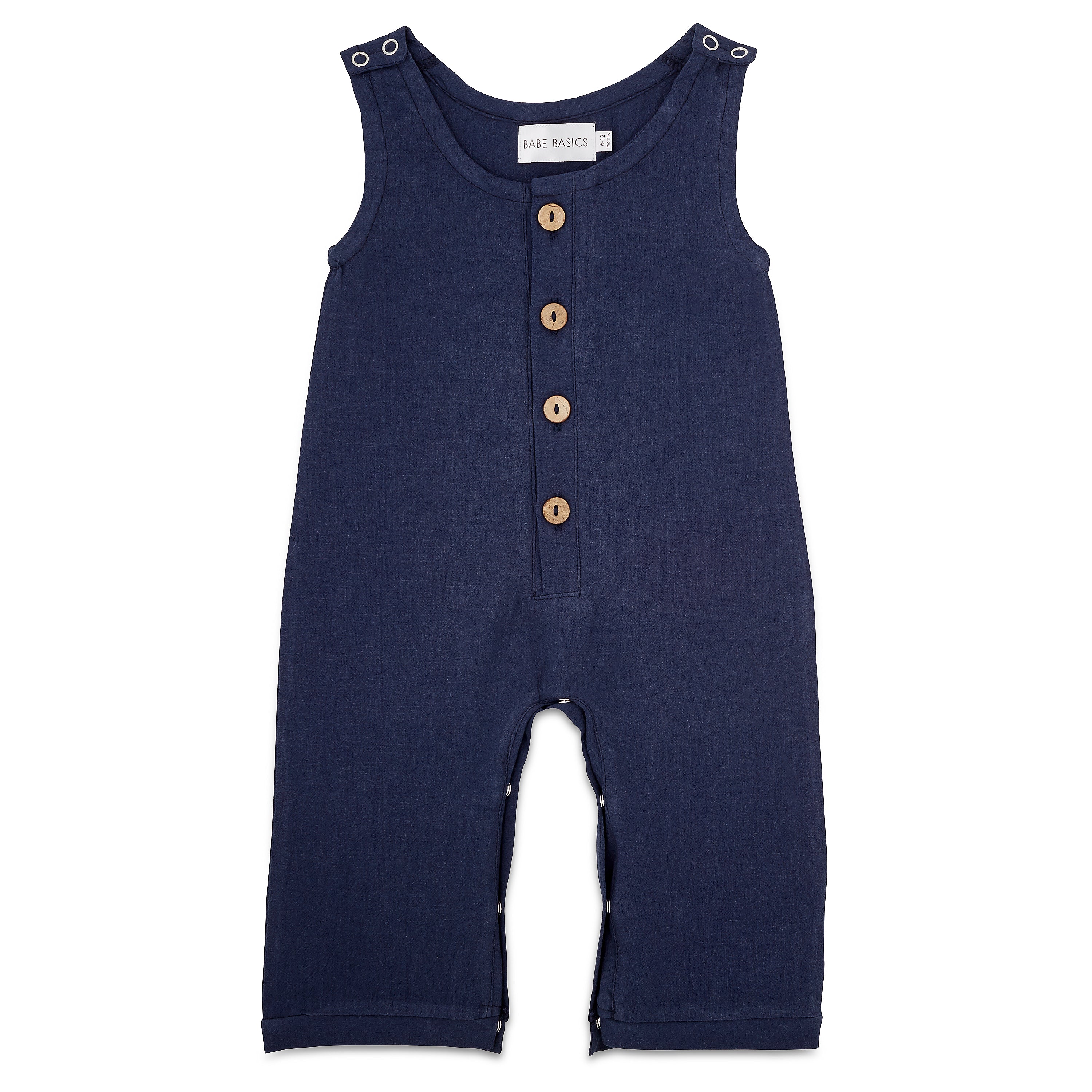 A stylish navy linen romper for babies, featuring diaper snaps and a comfortable fit, perfect for various occasions.