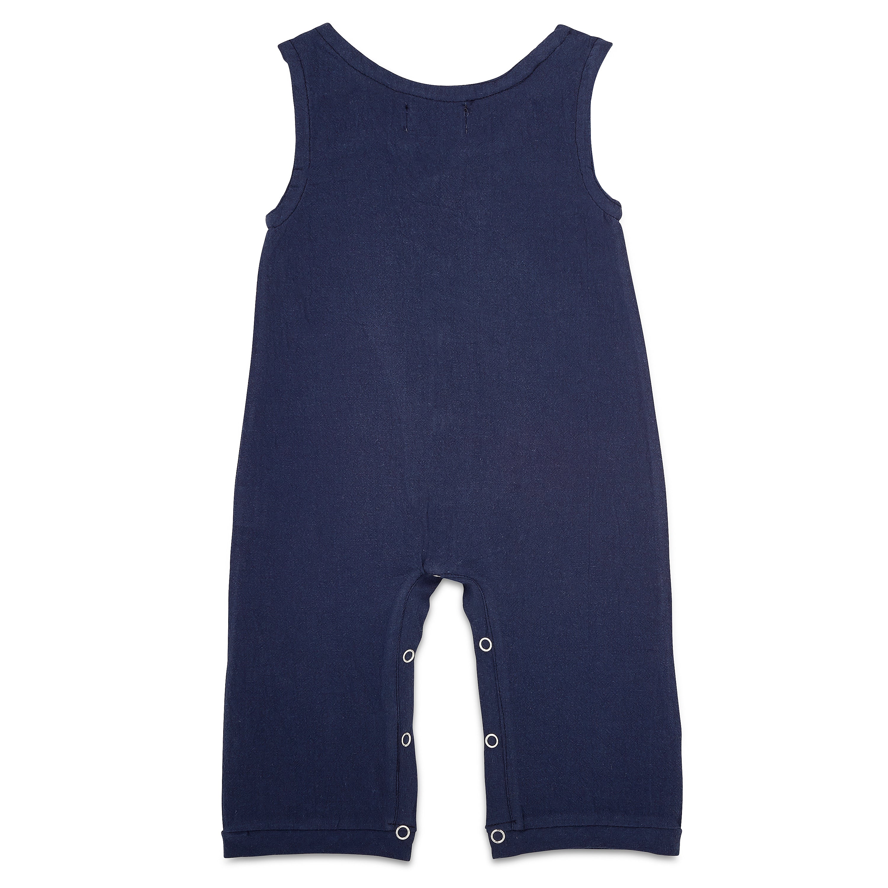 A stylish navy linen romper for babies, featuring diaper snaps and a comfortable fit, perfect for various occasions.