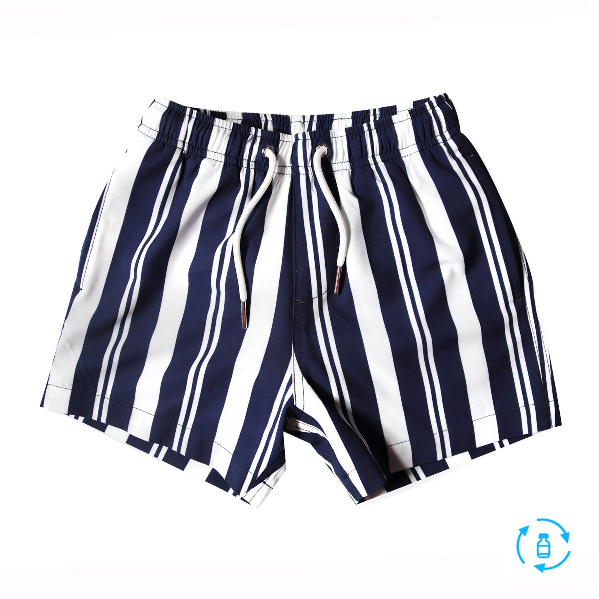 Navy Stripes Kids Swim Trunks featuring a comfortable design with pockets and a breathable mesh liner, perfect for summer fun.