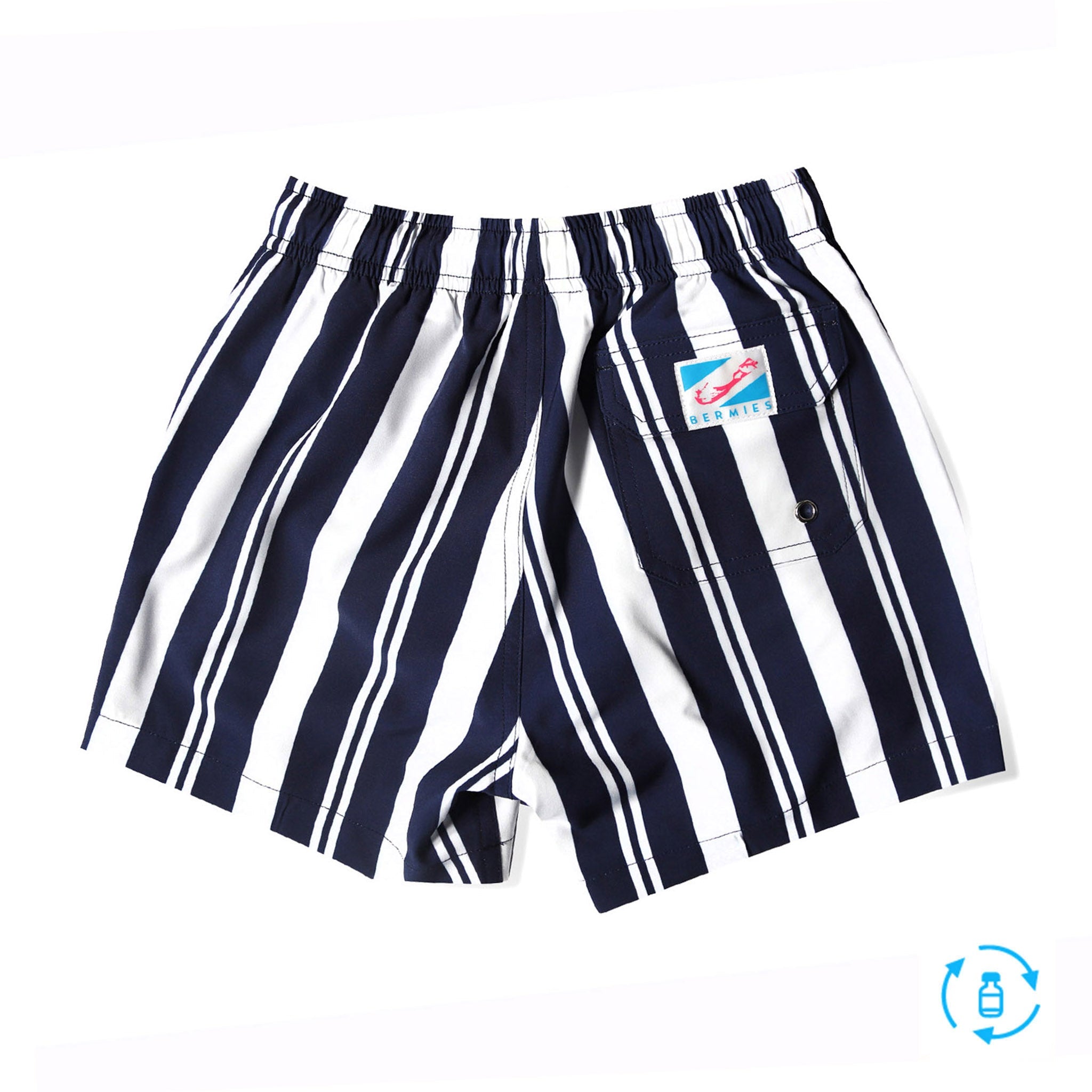 Navy Stripes Kids Swim Trunks featuring a comfortable design with pockets and a breathable mesh liner, perfect for summer fun.