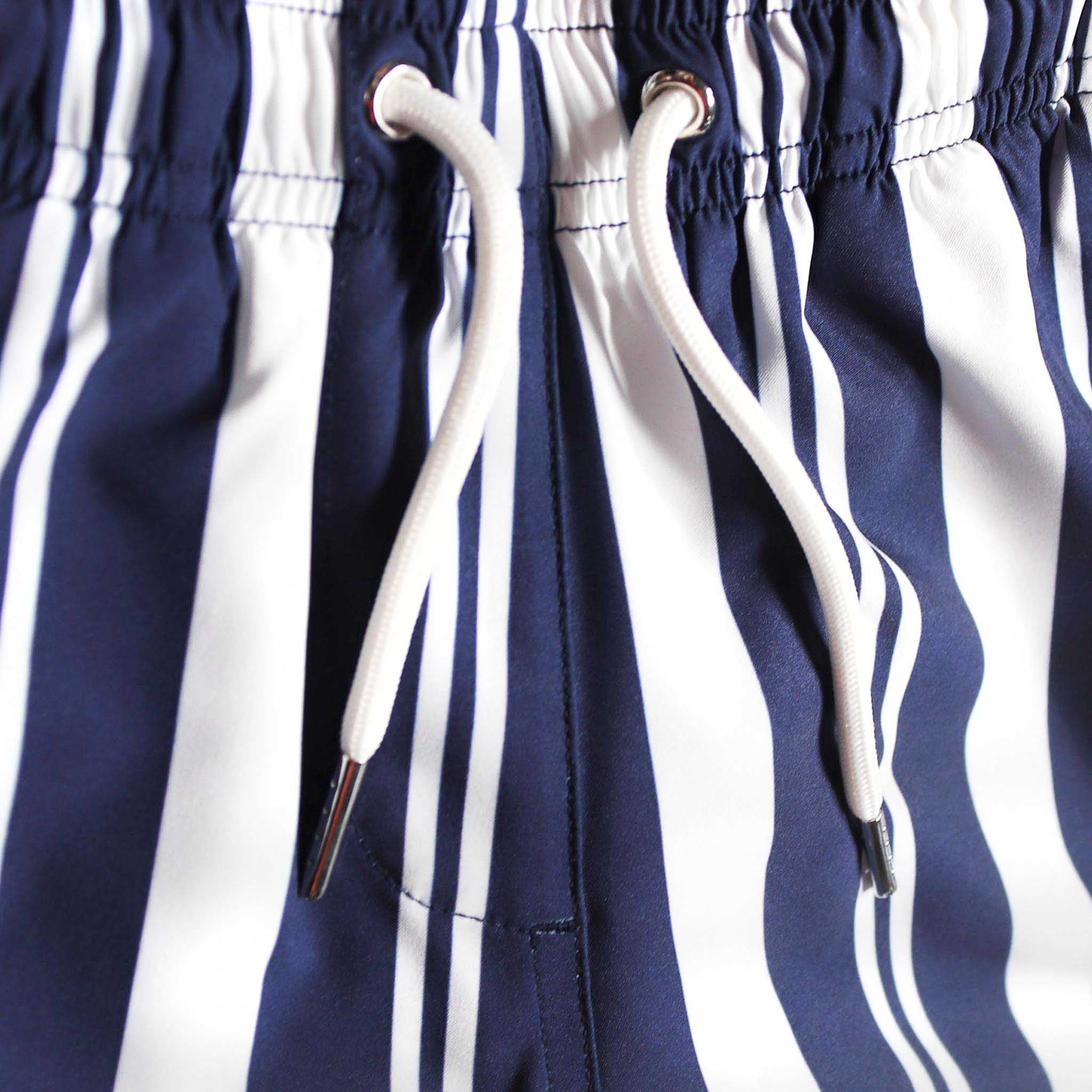 Navy Stripes Kids Swim Trunks featuring a comfortable design with pockets and a breathable mesh liner, perfect for summer fun.