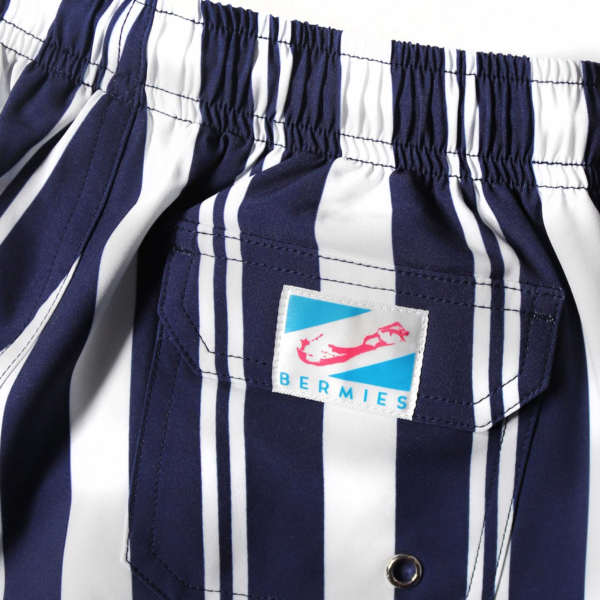 Navy Stripes Kids Swim Trunks featuring a comfortable design with pockets and a breathable mesh liner, perfect for summer fun.