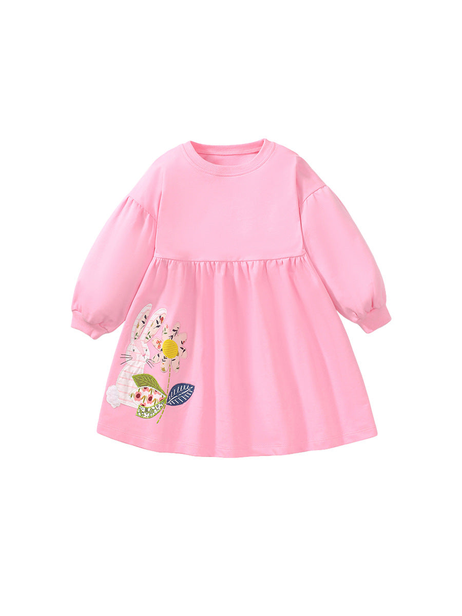 A pink long sleeve crew for girls featuring floral and rabbit patterns, made from soft cotton, perfect for autumn and spring wear.