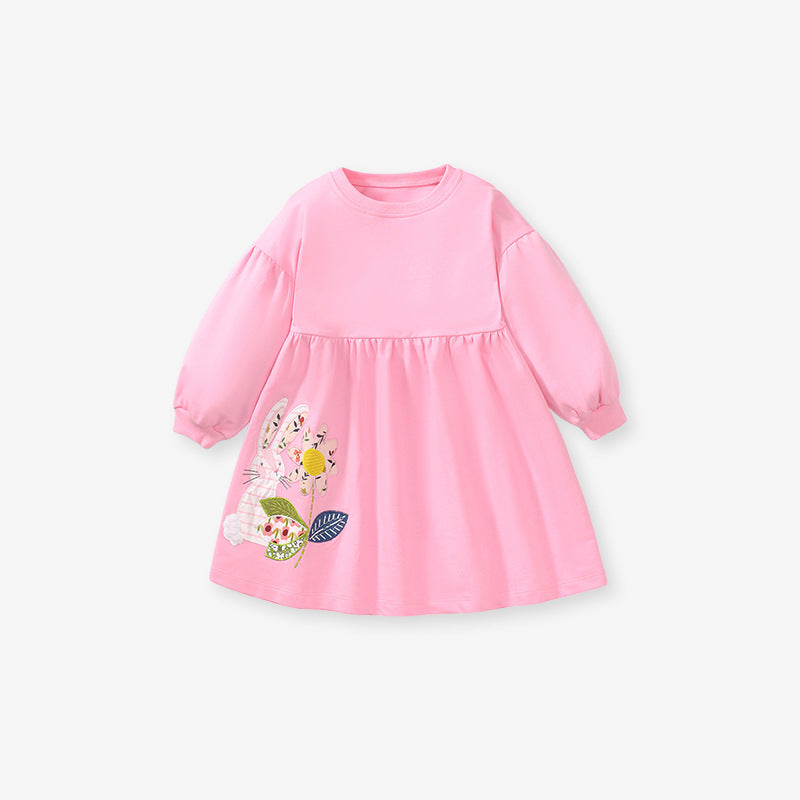 A pink long sleeve crew for girls featuring floral and rabbit patterns, made from soft cotton, perfect for autumn and spring wear.