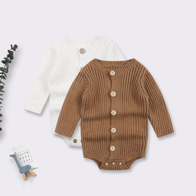 A cozy baby onesie made of soft cotton, available in white and brown, perfect for infants aged 0-24 months.