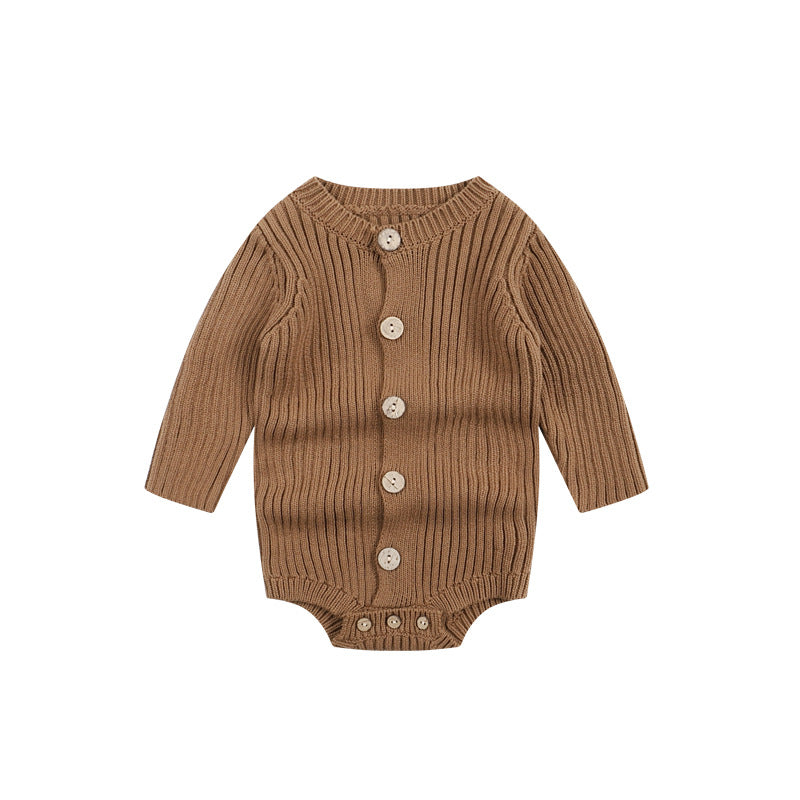 A cozy baby onesie made of soft cotton, available in white and brown, perfect for infants aged 0-24 months.