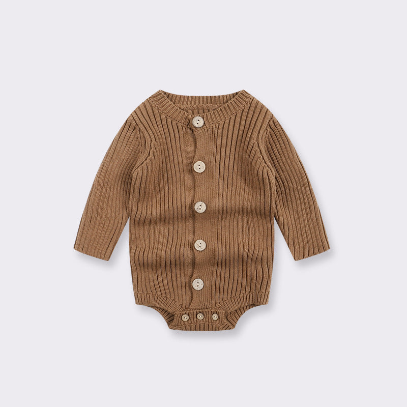 A cozy baby onesie made of soft cotton, available in white and brown, perfect for infants aged 0-24 months.