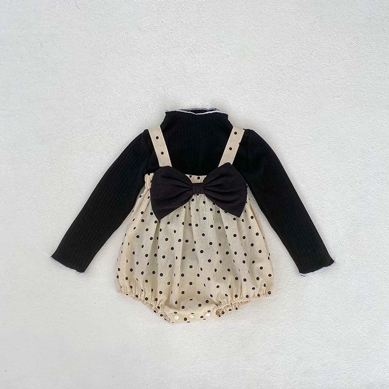 Black polka dot overall onesies for baby girls, made from cotton and polyester, perfect for spring and autumn.