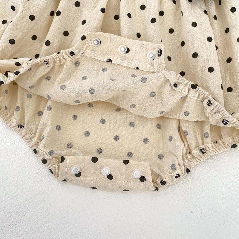 Black polka dot overall onesies for baby girls, made from cotton and polyester, perfect for spring and autumn.