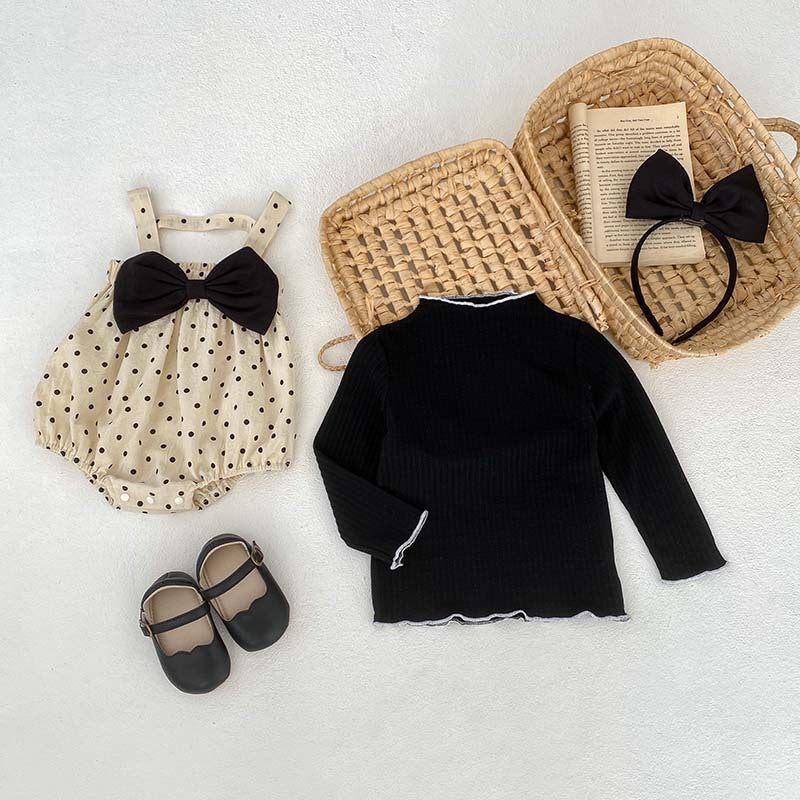 Black polka dot overall onesies for baby girls, made from cotton and polyester, perfect for spring and autumn.