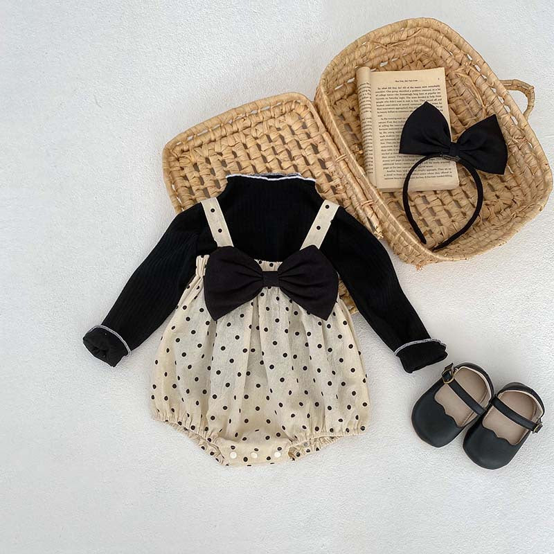 Black polka dot overall onesies for baby girls, made from cotton and polyester, perfect for spring and autumn.