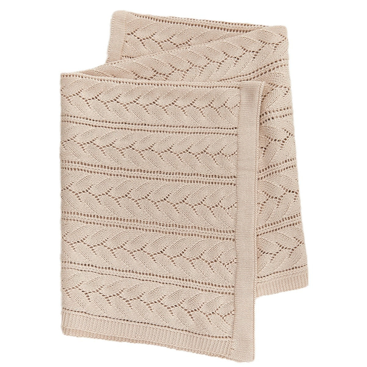 A cozy beige knitted baby blanket featuring a stylish hollow-out design, perfect for infants and toddlers.