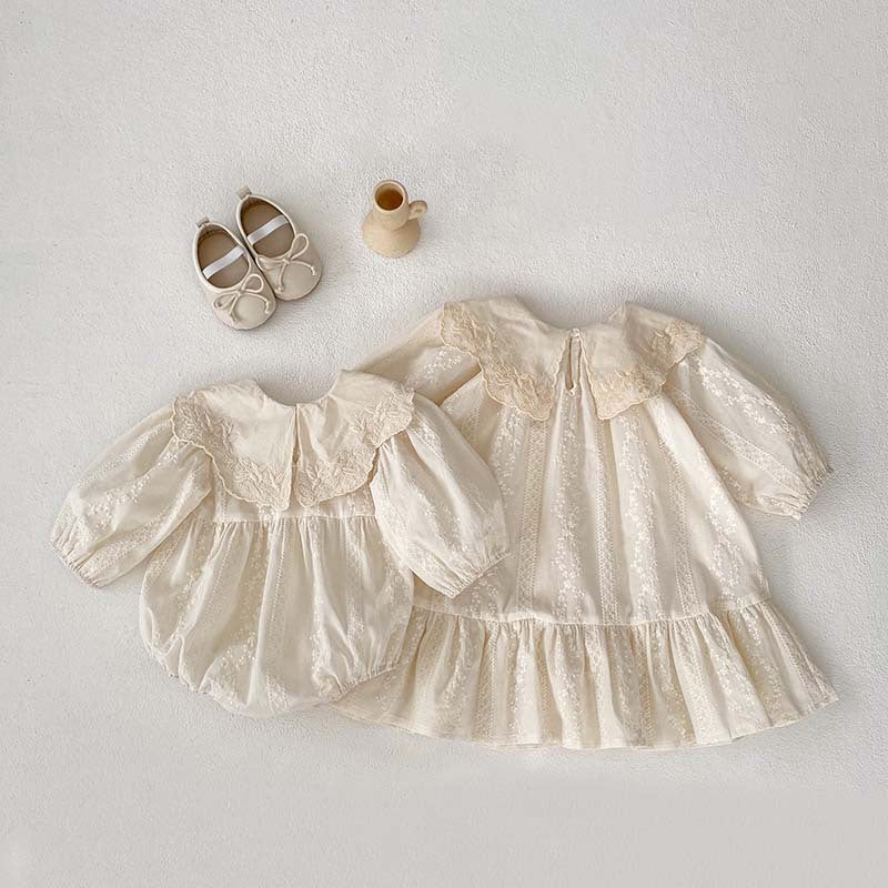 New Arrival Spring Baby Kids Girls Ruffle Collar Long Sleeves Floral dress in beige and apricot colors, featuring a floral pattern and ruffle collar.