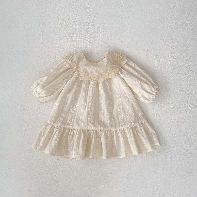 New Arrival Spring Baby Kids Girls Ruffle Collar Long Sleeves Floral dress in beige and apricot colors, featuring a floral pattern and ruffle collar.