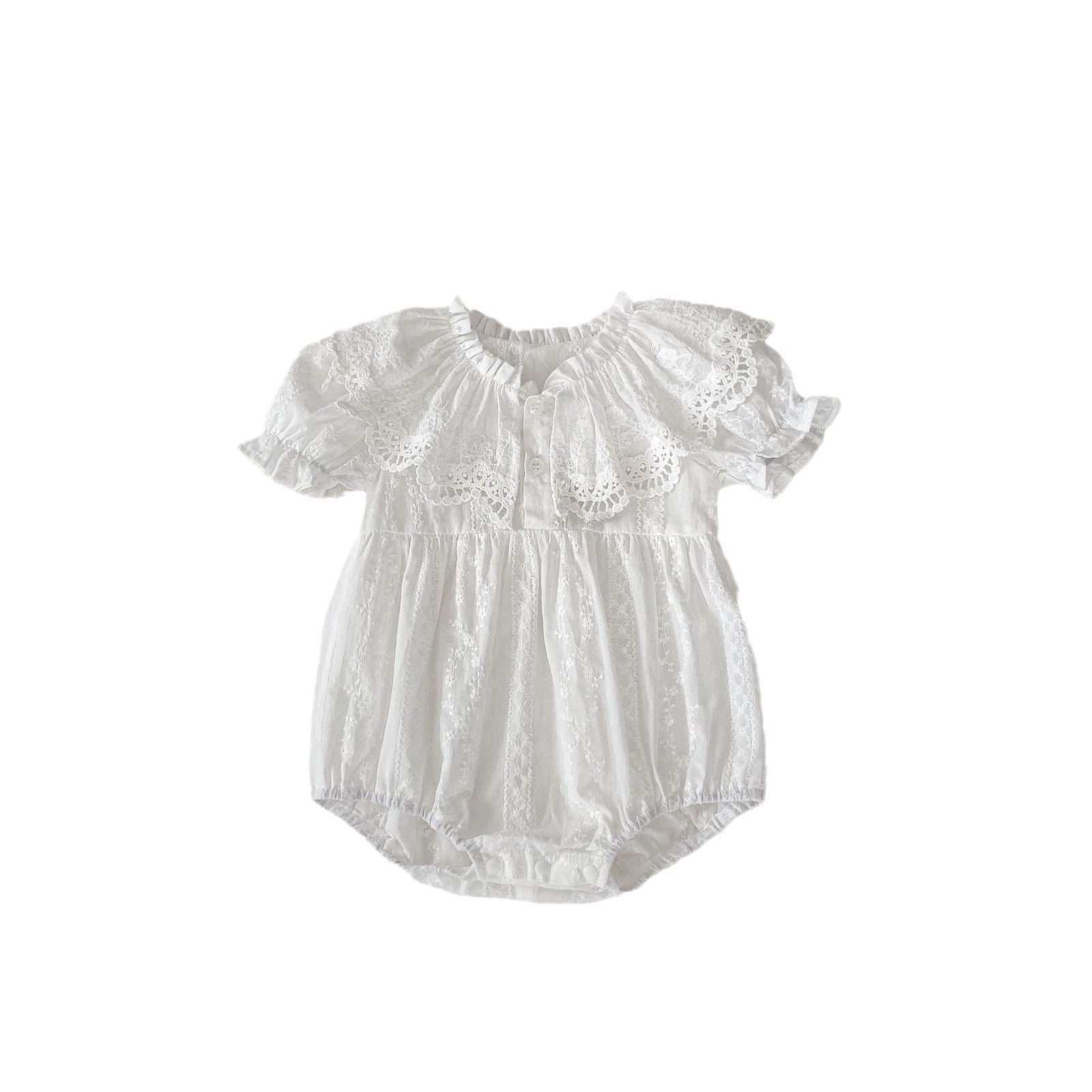 A stylish summer outfit for baby girls featuring a hollow out collar and short sleeves in beige and apricot colors.