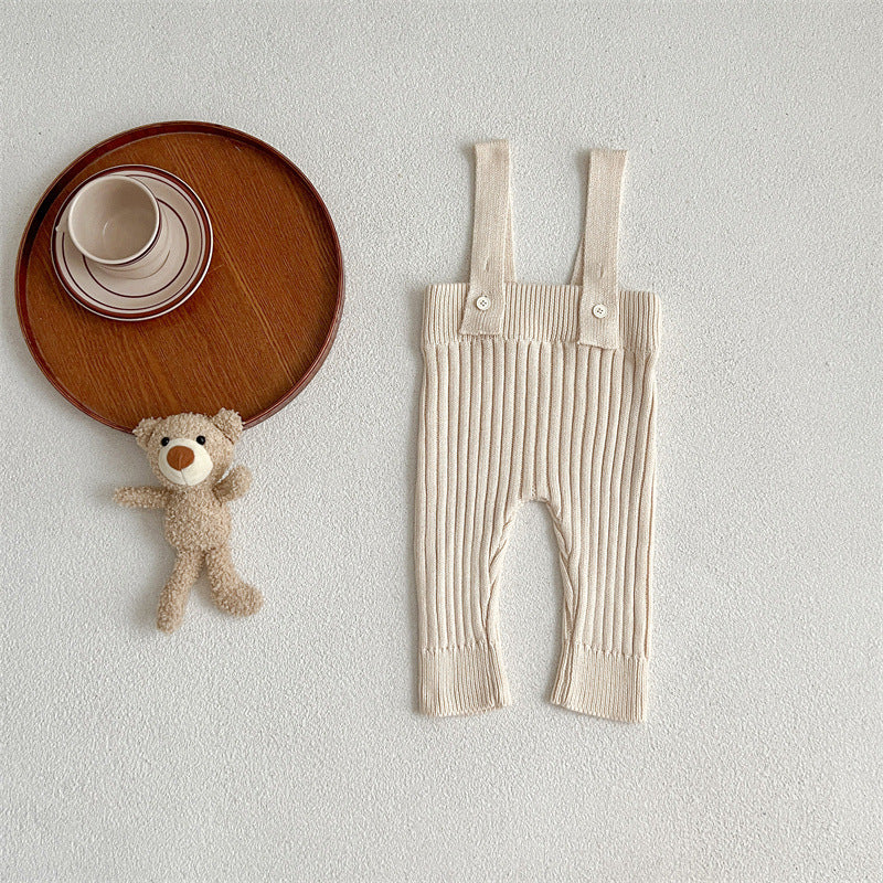 New Autumn and Winter Solid Color Knitted Overalls in Apricot and Coffee colors, made from soft cotton, suitable for infants and toddlers.