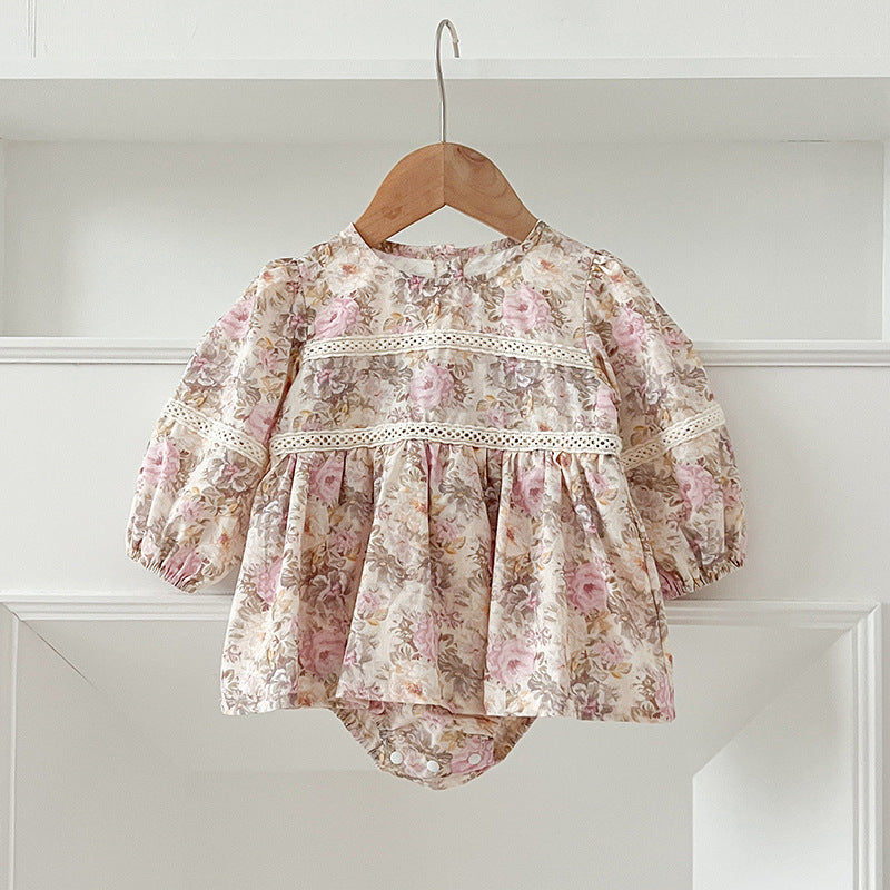 New Design Autumn Floral Print Baby Kids Crew Neck Patchwork Onesies in pink and light pink colors, featuring a floral pattern.