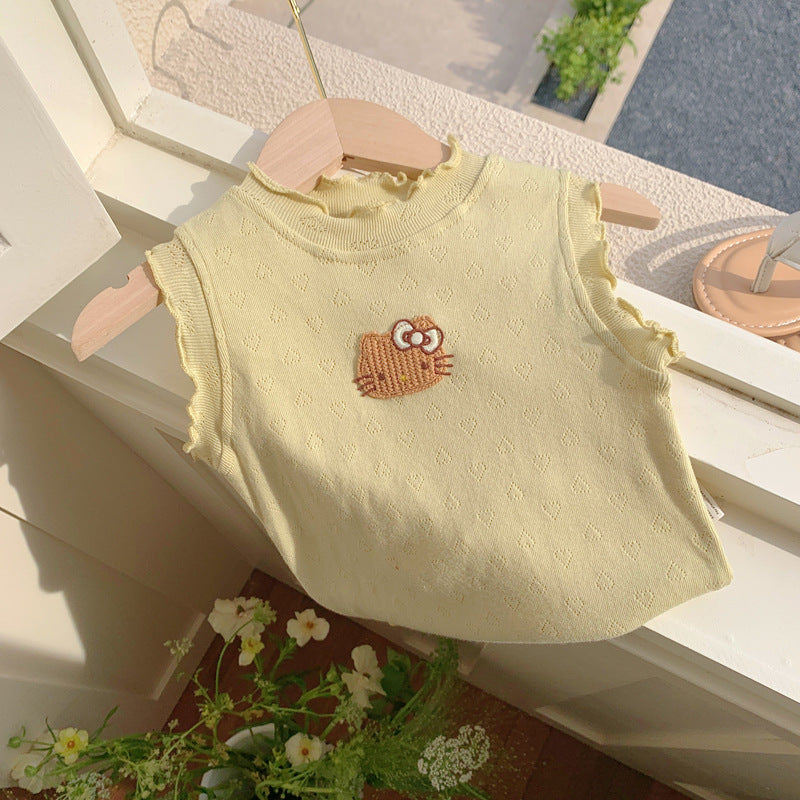 New Design Girls Ruffle Neck Sleeveless Top with cartoon animals pattern in pink, yellow, and coffee colors, perfect for summer wear.