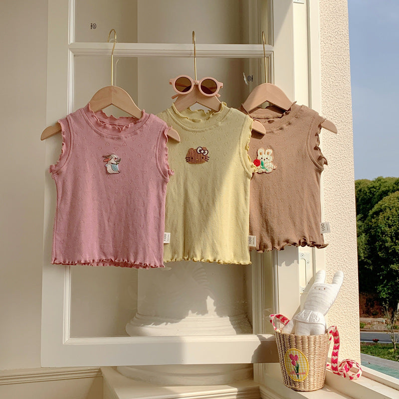 New Design Girls Ruffle Neck Sleeveless Top with cartoon animals pattern in pink, yellow, and coffee colors, perfect for summer wear.