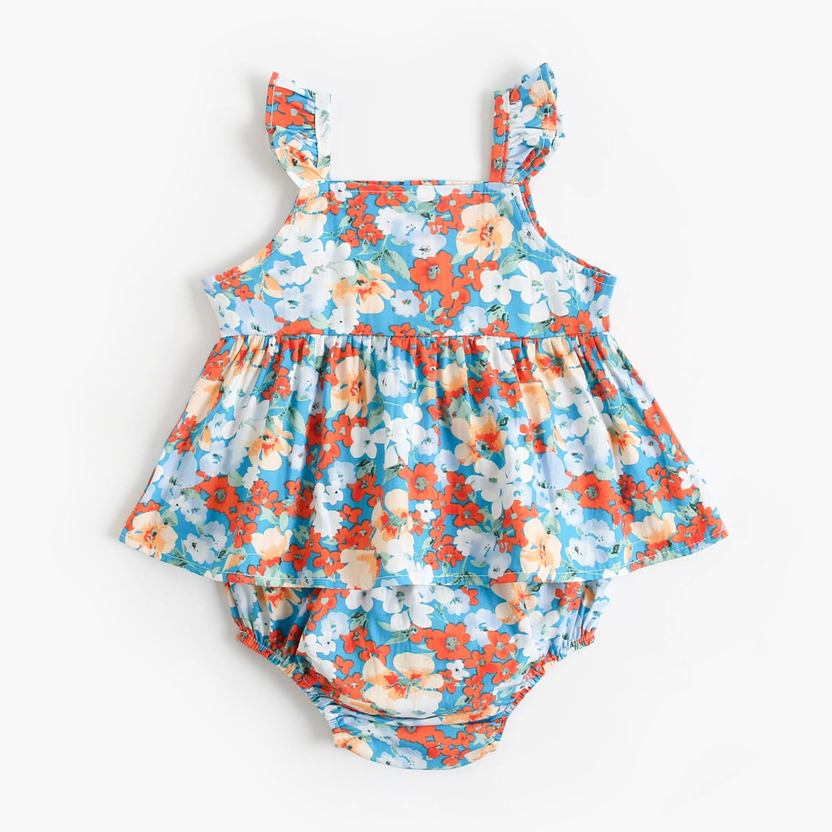 New Design Summer Baby Girls Floral Print Sleeveless Strap Onesies in pink, blue, and yellow colors, made from soft cotton material.