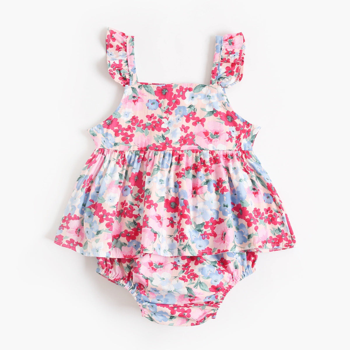 New Design Summer Baby Girls Floral Print Sleeveless Strap Onesies in pink, blue, and yellow colors, made from soft cotton material.