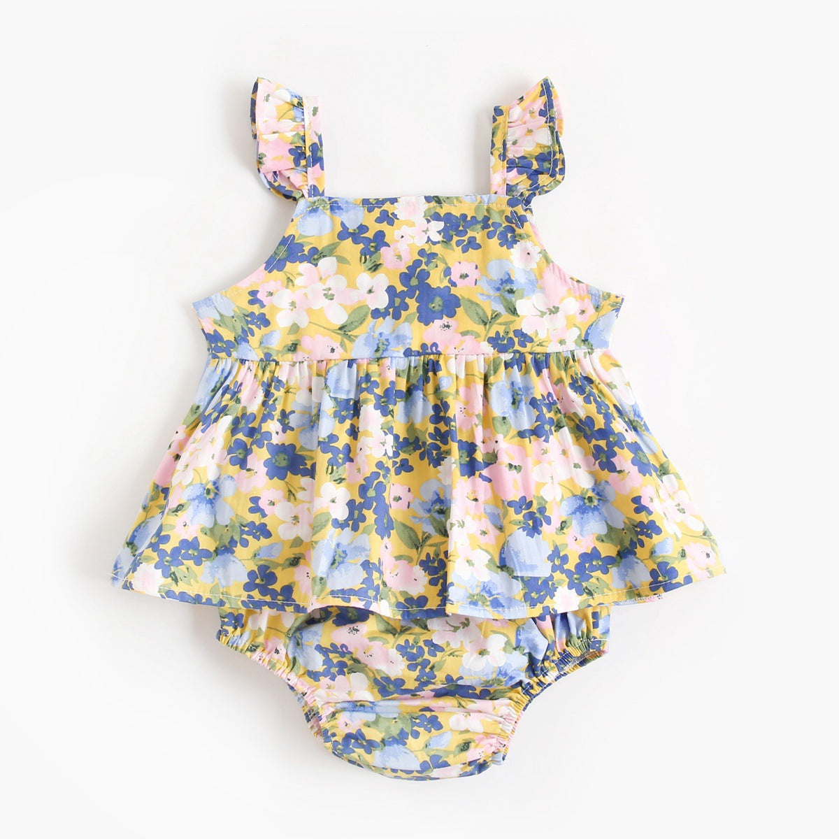 New Design Summer Baby Girls Floral Print Sleeveless Strap Onesies in pink, blue, and yellow colors, made from soft cotton material.