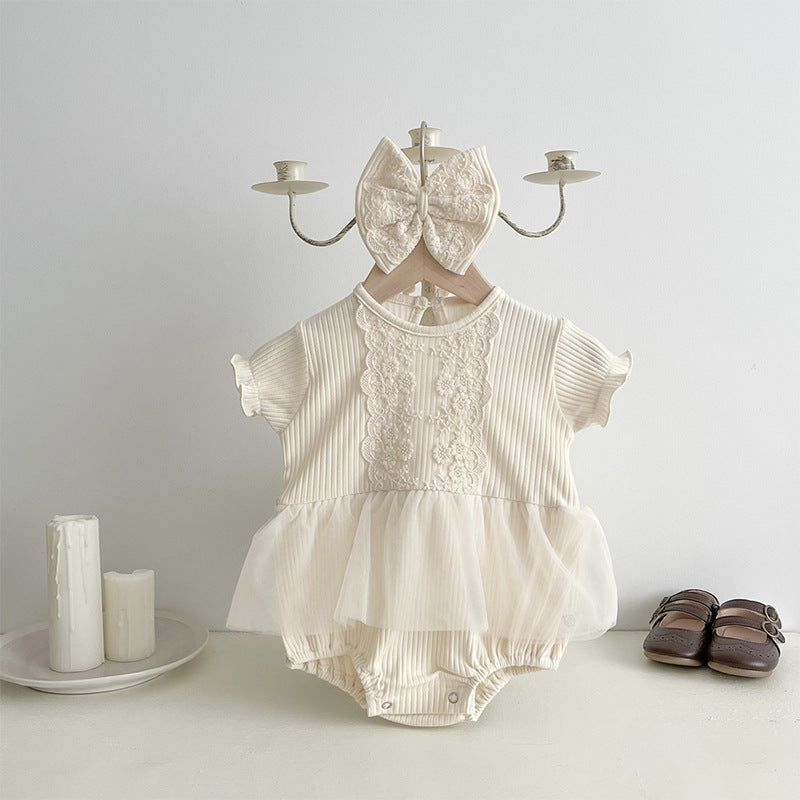 New Design Summer Baby Girls Dress with Floral Embroidery and Lace Patchwork in Beige Color