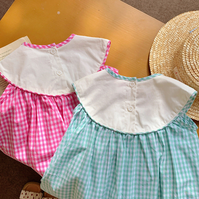 A cute summer dress for baby girls featuring a plaid pattern and mermaid embroidery in pink and blue colors.