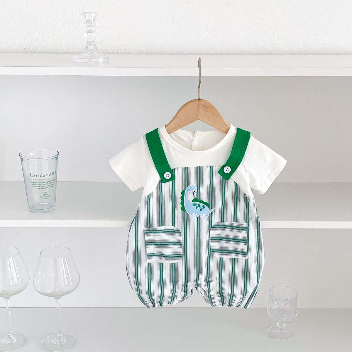 New Design Summer Baby Unisex Green Striped Sleeveless Overalls, featuring a vibrant green color and playful striped pattern, perfect for warm weather.