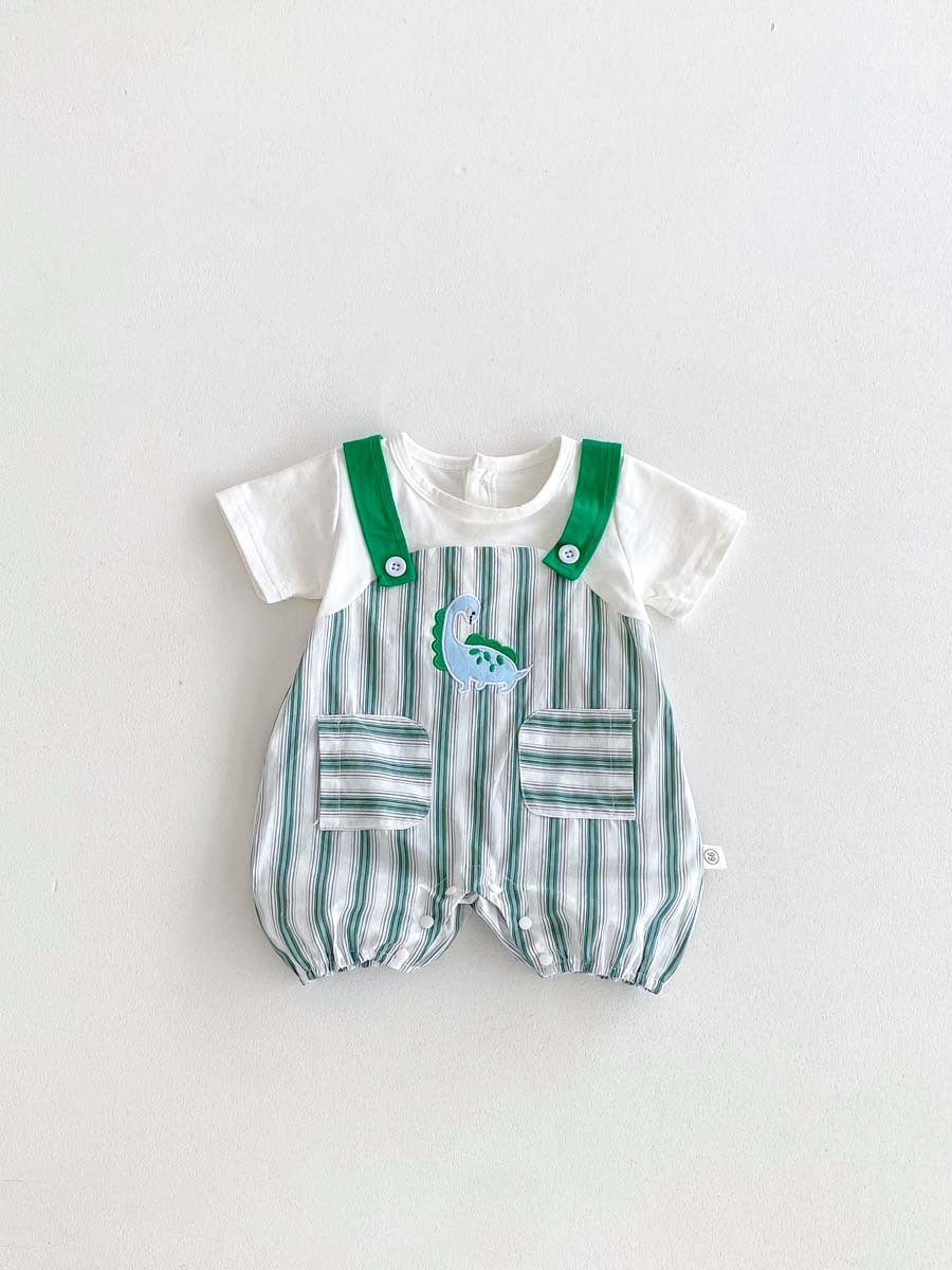 New Design Summer Baby Unisex Green Striped Sleeveless Overalls, featuring a vibrant green color and playful striped pattern, perfect for warm weather.