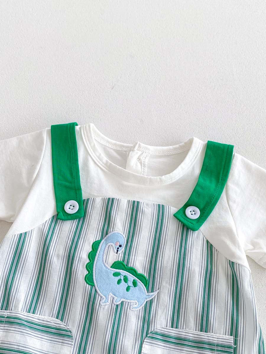 New Design Summer Baby Unisex Green Striped Sleeveless Overalls, featuring a vibrant green color and playful striped pattern, perfect for warm weather.